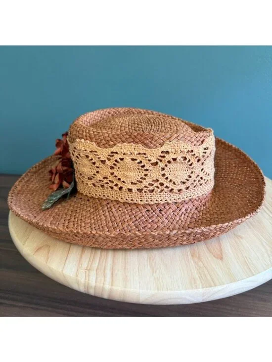 Vintage 1990s Womens Woven Straw Hat W/ Crochet Band & Faux Sunflower 22.5" or L - Picture 4 of 10